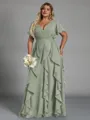Delicate A-line V-Neck Short Sleeves Ruffles Floor-Length Chiffon Corset Plus Size Bridesmaid Dress