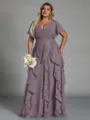 Delicate A-line V-Neck Short Sleeves Ruffles Floor-Length Chiffon Corset Plus Size Bridesmaid Dress