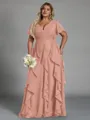 Delicate A-line V-Neck Short Sleeves Ruffles Floor-Length Chiffon Corset Plus Size Bridesmaid Dress