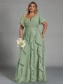 Delicate A-line V-Neck Short Sleeves Ruffles Floor-Length Chiffon Corset Plus Size Bridesmaid Dress