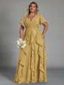 Delicate A-line V-Neck Short Sleeves Ruffles Floor-Length Chiffon Corset Plus Size Bridesmaid Dress