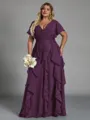 Delicate A-line V-Neck Short Sleeves Ruffles Floor-Length Chiffon Corset Plus Size Bridesmaid Dress