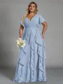 Delicate A-line V-Neck Short Sleeves Ruffles Floor-Length Chiffon Corset Plus Size Bridesmaid Dress
