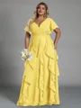 Delicate A-line V-Neck Short Sleeves Ruffles Floor-Length Chiffon Corset Plus Size Bridesmaid Dress