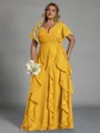 Delicate A-line V-Neck Short Sleeves Ruffles Floor-Length Chiffon Corset Plus Size Bridesmaid Dress