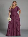 Delicate A-line V-Neck Short Sleeves Ruffles Floor-Length Chiffon Corset Plus Size Bridesmaid Dress