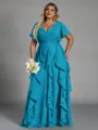 Delicate A-line V-Neck Short Sleeves Ruffles Floor-Length Chiffon Corset Plus Size Bridesmaid Dress