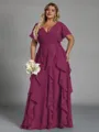 Delicate A-line V-Neck Short Sleeves Ruffles Floor-Length Chiffon Corset Plus Size Bridesmaid Dress