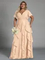 Delicate A-line V-Neck Short Sleeves Ruffles Floor-Length Chiffon Corset Plus Size Bridesmaid Dress