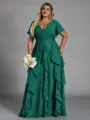 Delicate A-line V-Neck Short Sleeves Ruffles Floor-Length Chiffon Corset Plus Size Bridesmaid Dress