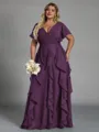 Delicate A-line V-Neck Short Sleeves Ruffles Floor-Length Chiffon Corset Plus Size Bridesmaid Dress