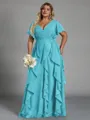 Delicate A-line V-Neck Short Sleeves Ruffles Floor-Length Chiffon Corset Plus Size Bridesmaid Dress