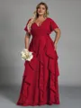 Delicate A-line V-Neck Short Sleeves Ruffles Floor-Length Chiffon Corset Plus Size Bridesmaid Dress