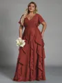 Delicate A-line V-Neck Short Sleeves Ruffles Floor-Length Chiffon Corset Plus Size Bridesmaid Dress