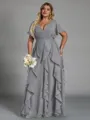 Delicate A-line V-Neck Short Sleeves Ruffles Floor-Length Chiffon Corset Plus Size Bridesmaid Dress