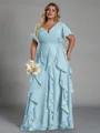 Delicate A-line V-Neck Short Sleeves Ruffles Floor-Length Chiffon Corset Plus Size Bridesmaid Dress