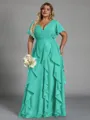 Delicate A-line V-Neck Short Sleeves Ruffles Floor-Length Chiffon Corset Plus Size Bridesmaid Dress