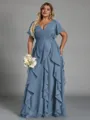 Delicate A-line V-Neck Short Sleeves Ruffles Floor-Length Chiffon Corset Plus Size Bridesmaid Dress