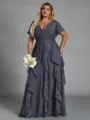 Delicate A-line V-Neck Short Sleeves Ruffles Floor-Length Chiffon Corset Plus Size Bridesmaid Dress