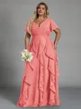 Delicate A-line V-Neck Short Sleeves Ruffles Floor-Length Chiffon Corset Plus Size Bridesmaid Dress
