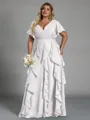 Delicate A-line V-Neck Short Sleeves Ruffles Floor-Length Chiffon Corset Plus Size Bridesmaid Dress