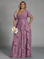 Delicate A-line V-Neck Short Sleeves Ruffles Floor-Length Chiffon Corset Plus Size Bridesmaid Dress