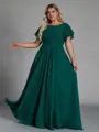 Splendid A-line Scoop Short Sleeves Pleated Floor-Length Chiffon Plus Size Bridesmaid Dress