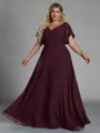 Gorgeous A-line V-Neck Short Sleeves Pleated Floor-Length Chiffon Corset Plus Size Bridesmaid Dress