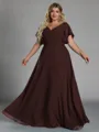 Gorgeous A-line V-Neck Short Sleeves Pleated Floor-Length Chiffon Corset Plus Size Bridesmaid Dress