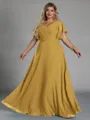 Gorgeous A-line V-Neck Short Sleeves Pleated Floor-Length Chiffon Corset Plus Size Bridesmaid Dress