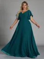 Gorgeous A-line V-Neck Short Sleeves Pleated Floor-Length Chiffon Corset Plus Size Bridesmaid Dress