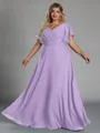 Gorgeous A-line V-Neck Short Sleeves Pleated Floor-Length Chiffon Corset Plus Size Bridesmaid Dress