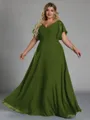 Gorgeous A-line V-Neck Short Sleeves Pleated Floor-Length Chiffon Corset Plus Size Bridesmaid Dress