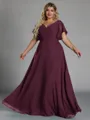 Gorgeous A-line V-Neck Short Sleeves Pleated Floor-Length Chiffon Corset Plus Size Bridesmaid Dress