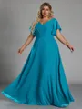 Gorgeous A-line V-Neck Short Sleeves Pleated Floor-Length Chiffon Corset Plus Size Bridesmaid Dress