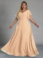Gorgeous A-line V-Neck Short Sleeves Pleated Floor-Length Chiffon Corset Plus Size Bridesmaid Dress