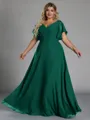 Gorgeous A-line V-Neck Short Sleeves Pleated Floor-Length Chiffon Corset Plus Size Bridesmaid Dress