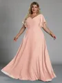 Gorgeous A-line V-Neck Short Sleeves Pleated Floor-Length Chiffon Corset Plus Size Bridesmaid Dress
