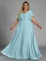 Gorgeous A-line V-Neck Short Sleeves Pleated Floor-Length Chiffon Corset Plus Size Bridesmaid Dress