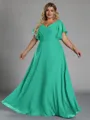Gorgeous A-line V-Neck Short Sleeves Pleated Floor-Length Chiffon Corset Plus Size Bridesmaid Dress