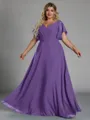 Gorgeous A-line V-Neck Short Sleeves Pleated Floor-Length Chiffon Corset Plus Size Bridesmaid Dress