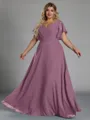 Gorgeous A-line V-Neck Short Sleeves Pleated Floor-Length Chiffon Corset Plus Size Bridesmaid Dress