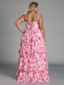 Exquisite A-line Straps Cascading Ruffles Floor-Length Corset Plus Size Bridesmaid Dress