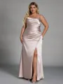 Unique Sheath Spaghetti Straps Pleated Floor-Length Silk Like Satin Plus Size Bridesmaid Dress