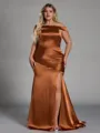Stunning Sheath Off-the-Shoulder Pleated Sweep Train Silk Like Satin Corset Plus Size Bridesmaid Dress