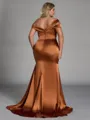 Stunning Sheath Off-the-Shoulder Pleated Sweep Train Silk Like Satin Corset Plus Size Bridesmaid Dress