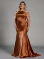 Stunning Sheath Off-the-Shoulder Pleated Sweep Train Silk Like Satin Corset Plus Size Bridesmaid Dress