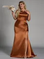 Stunning Sheath Off-the-Shoulder Pleated Sweep Train Silk Like Satin Corset Plus Size Bridesmaid Dress