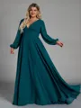 Opulent A-line V-Neck Long Sleeves Pleated Sweep Train Chiffon Corset Plus Size Bridesmaid Dress