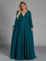 Opulent A-line V-Neck Long Sleeves Pleated Sweep Train Chiffon Corset Plus Size Bridesmaid Dress
